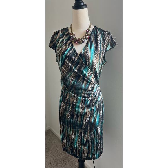 AA Studio AA Women's Cap Sleeves V-Neck Midi Multicolor Faux Wrap Dress Size 14W - Picture 1 of 8